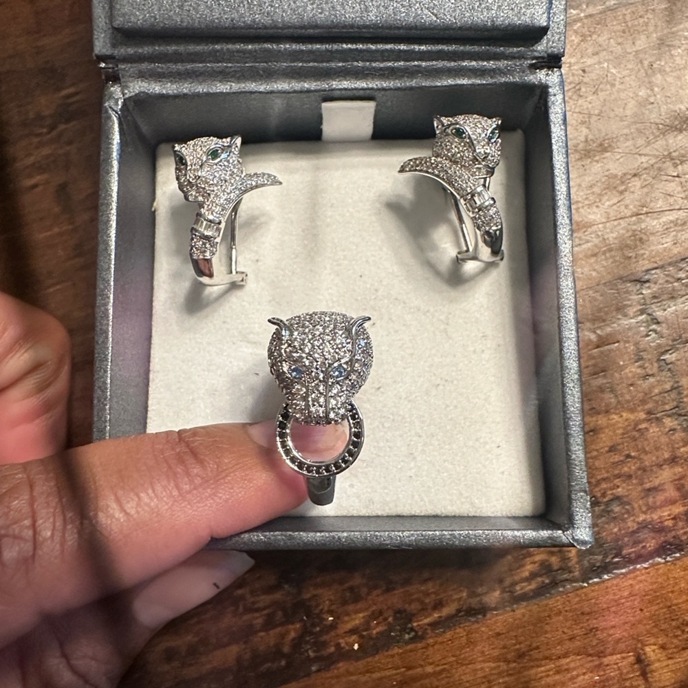 Sterling Silver Panther Head Ring with Emerald Accent - Silver